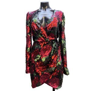 Saylor Sequined Floral Dress Black Red Pink M